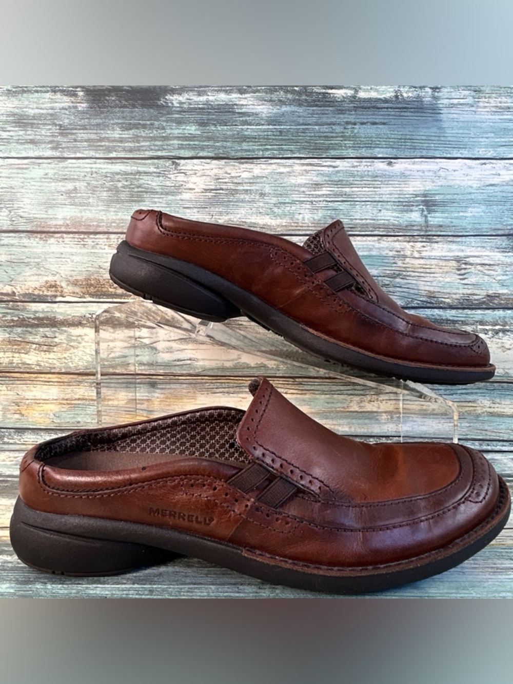 Merrell Tetra Wave Slide Mules Womens 8.5 Brown Leather Slip On Comfort Casual